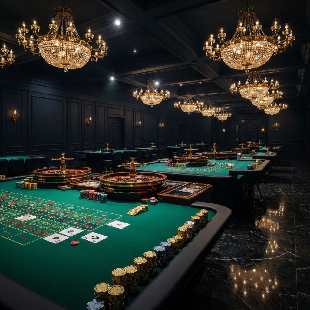 Luxury casino gaming floor with roulette wheels, gold chip stacks and green baize tables